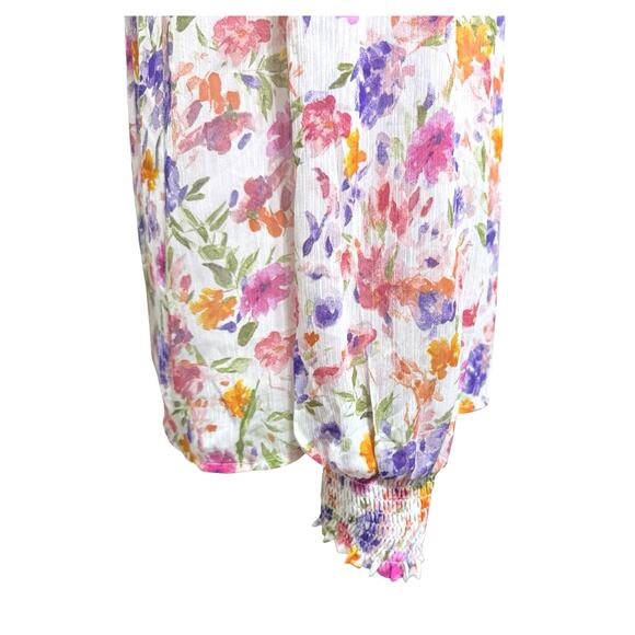 JOIE Floral Blouse Medium 8-10 Tie V-Neck  Sheer Sleeve Smocked Cuff Pink Purple - Picture 6 of 13